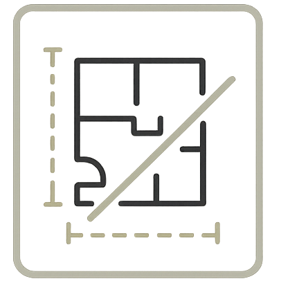 Symbol für eine Grundrisszeichnung mit Längenmaßen in einem abgerundeten Quadrat.