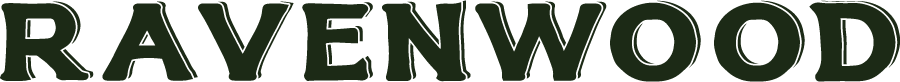 The word RAVENWOOD in bold dark green uppercase letters with slight texture.