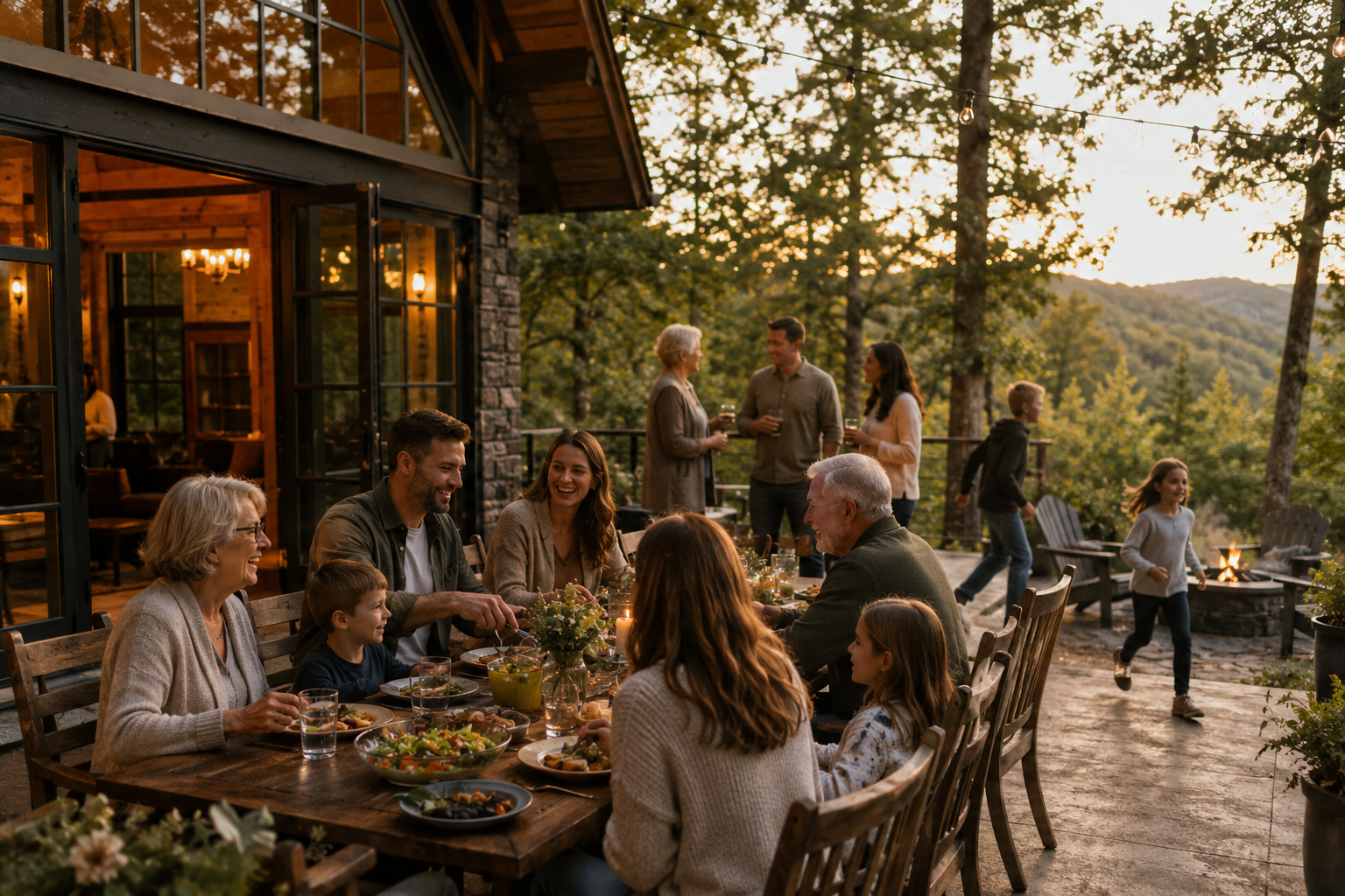 Multigenerational family enjoying dinner outdoors at a wooden table on a patio at sunset.
