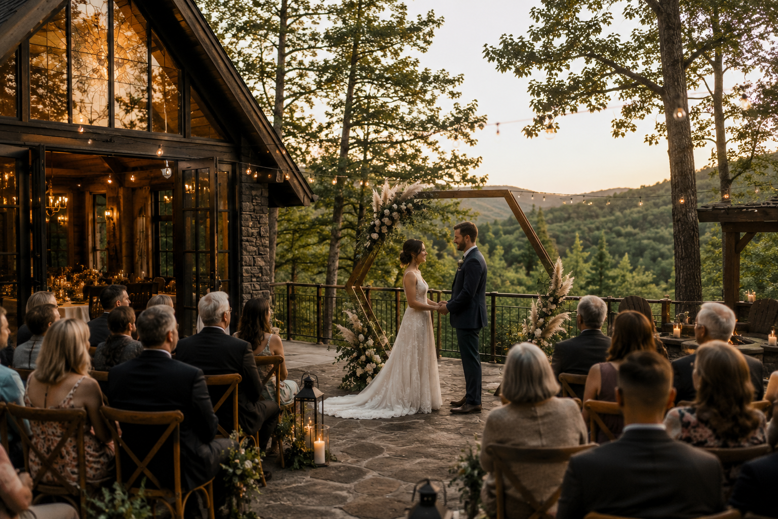 Couple holding hands under floral arch at outdoor wedding ceremony with guests seated nearby.
