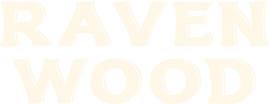 Text saying 'RAVEN WOOD' in large cream-colored, bold serif font on black background.