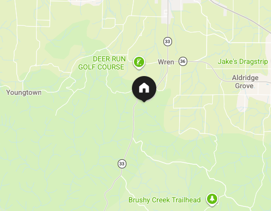 Map showing Wren area with Deer Run Golf Course and Brushy Creek Trailhead nearby.