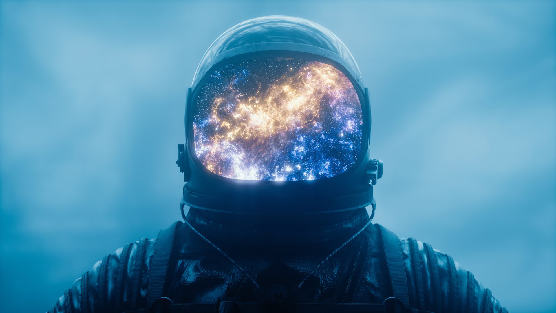 Astronaut with universe and stars reflected on the helmet visor against a blue background.