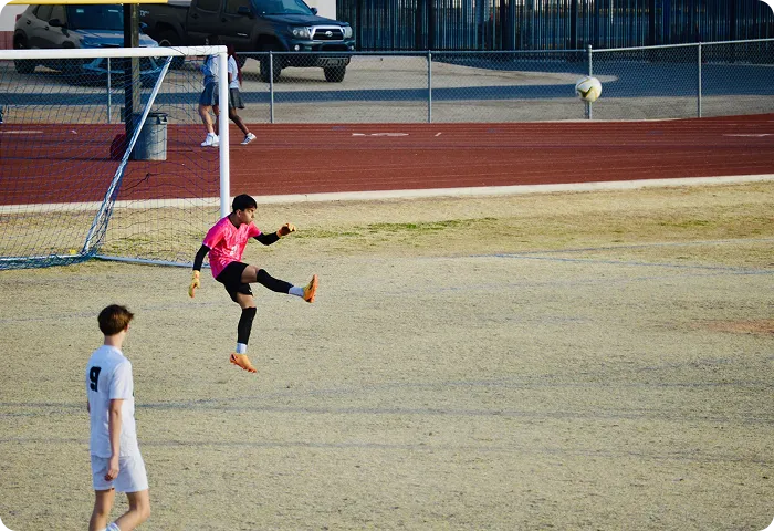 Soccer goalie in pink jersey kicks ball away from goal while player in white watches.