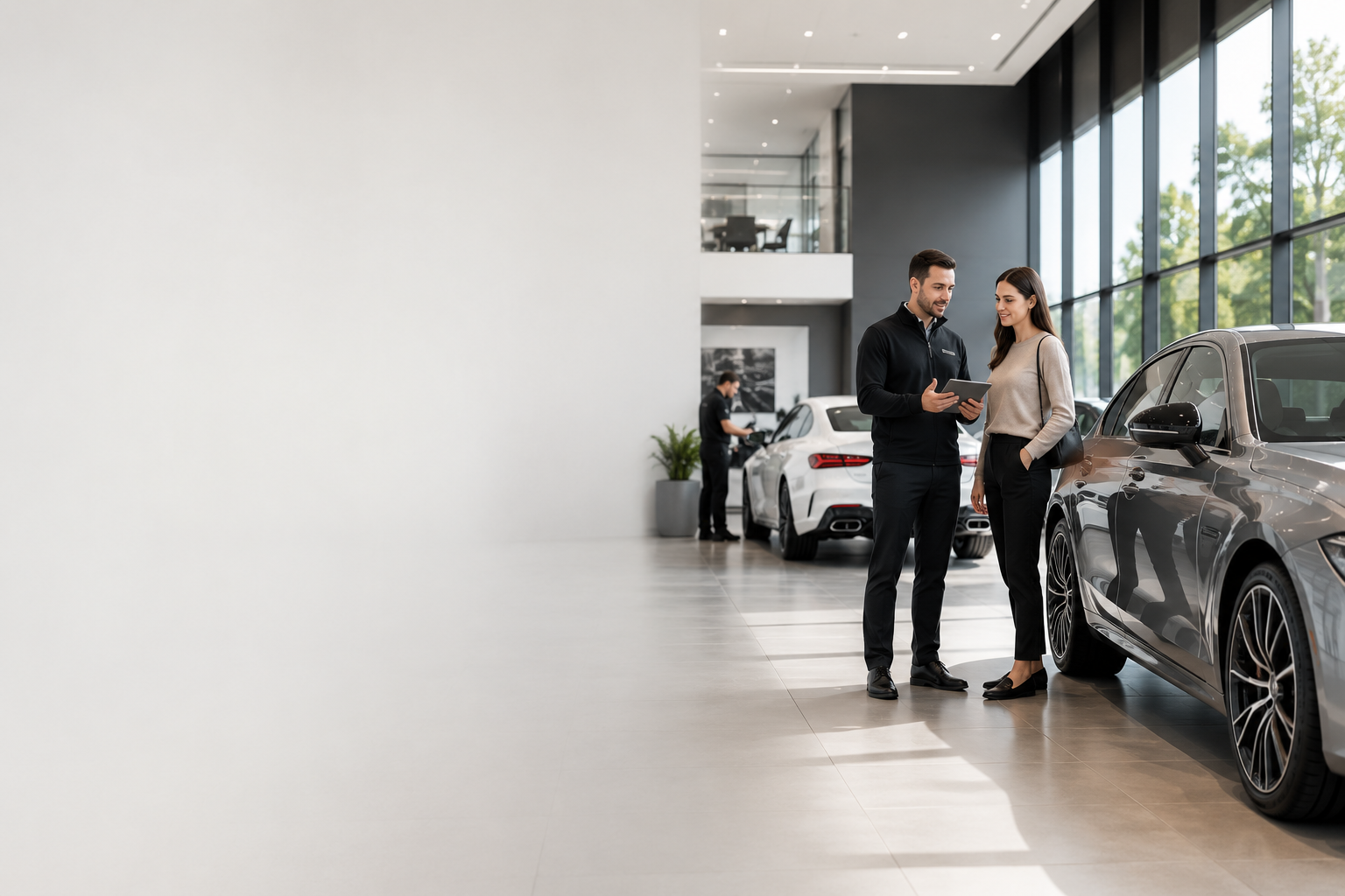 Car salesman showing a tablet to a woman customer inside a bright modern car showroom.