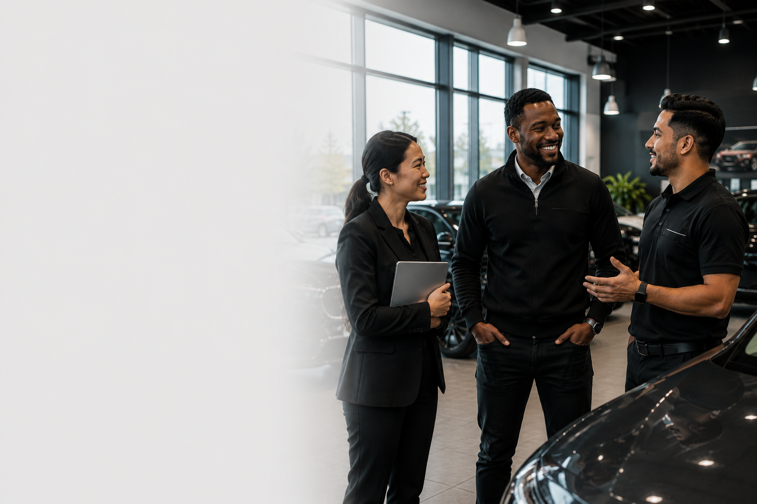 Three people smiling and talking inside a car dealership with cars and large windows in background.