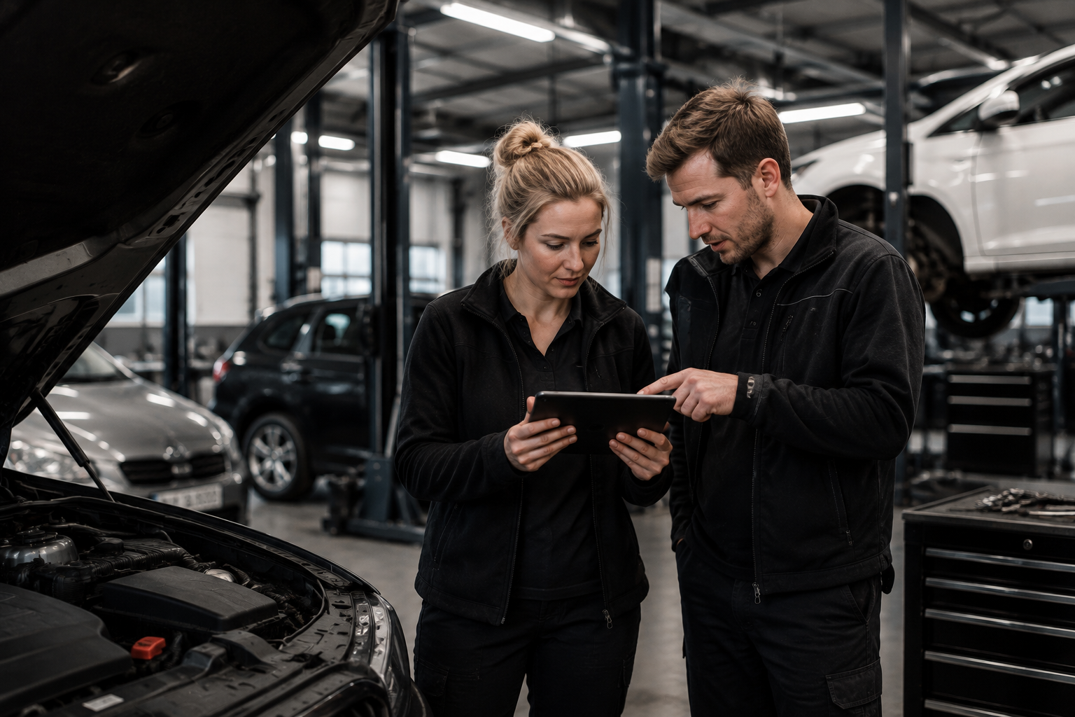 Two mechanics in black jackets discuss a tablet inside a car repair garage with open hood nearby.