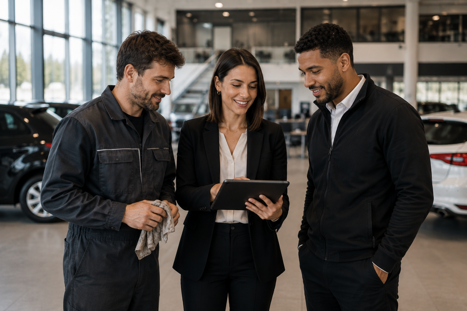 Three professionals in a car dealership reviewing a tablet, surrounded by cars.