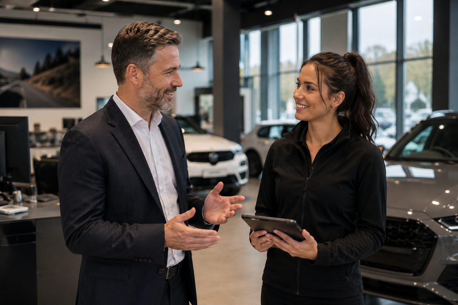 Man in a suit talks to a smiling woman holding a tablet in a car dealership showroom.