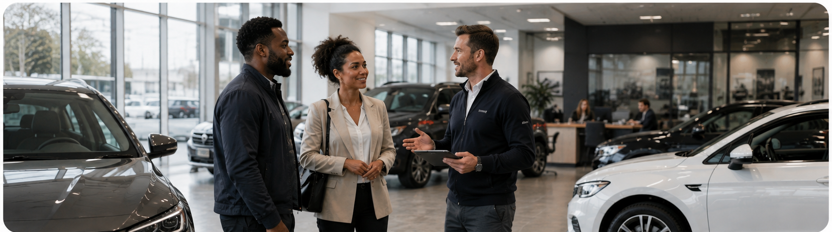 Two customers talking with a car salesman inside a modern car dealership showroom.