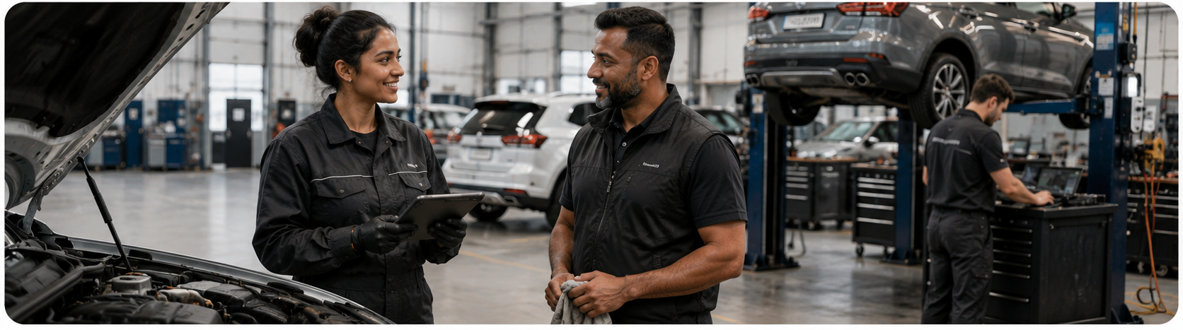 Two auto mechanics, a woman with a tablet and a man with a cloth, talking in a garage with cars.