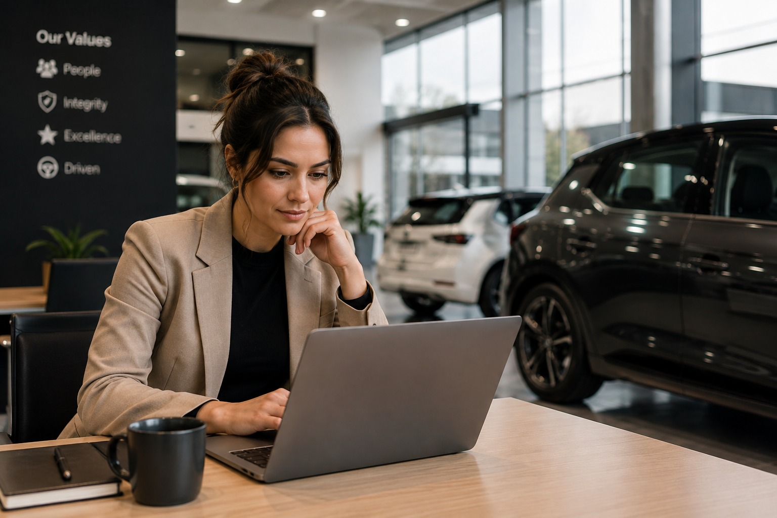 Woman in beige blazer working on a laptop at a table inside a modern car showroom.