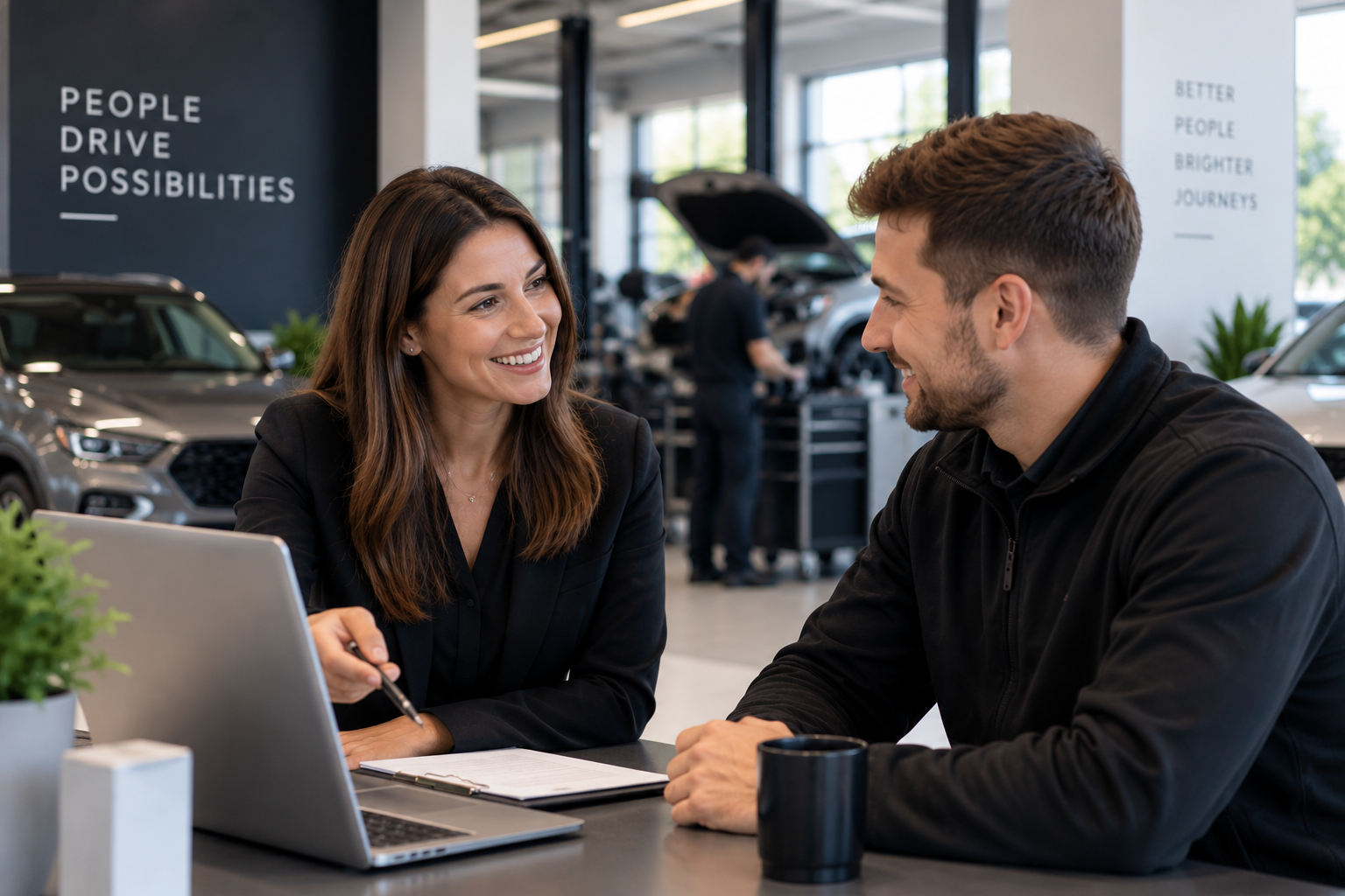 A woman and man smiling and talking at a car dealership desk with a laptop and paperwork, cars and a mechanic working in the background.