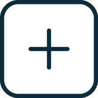 Black plus sign inside a white square with rounded corners and a dark blue border.