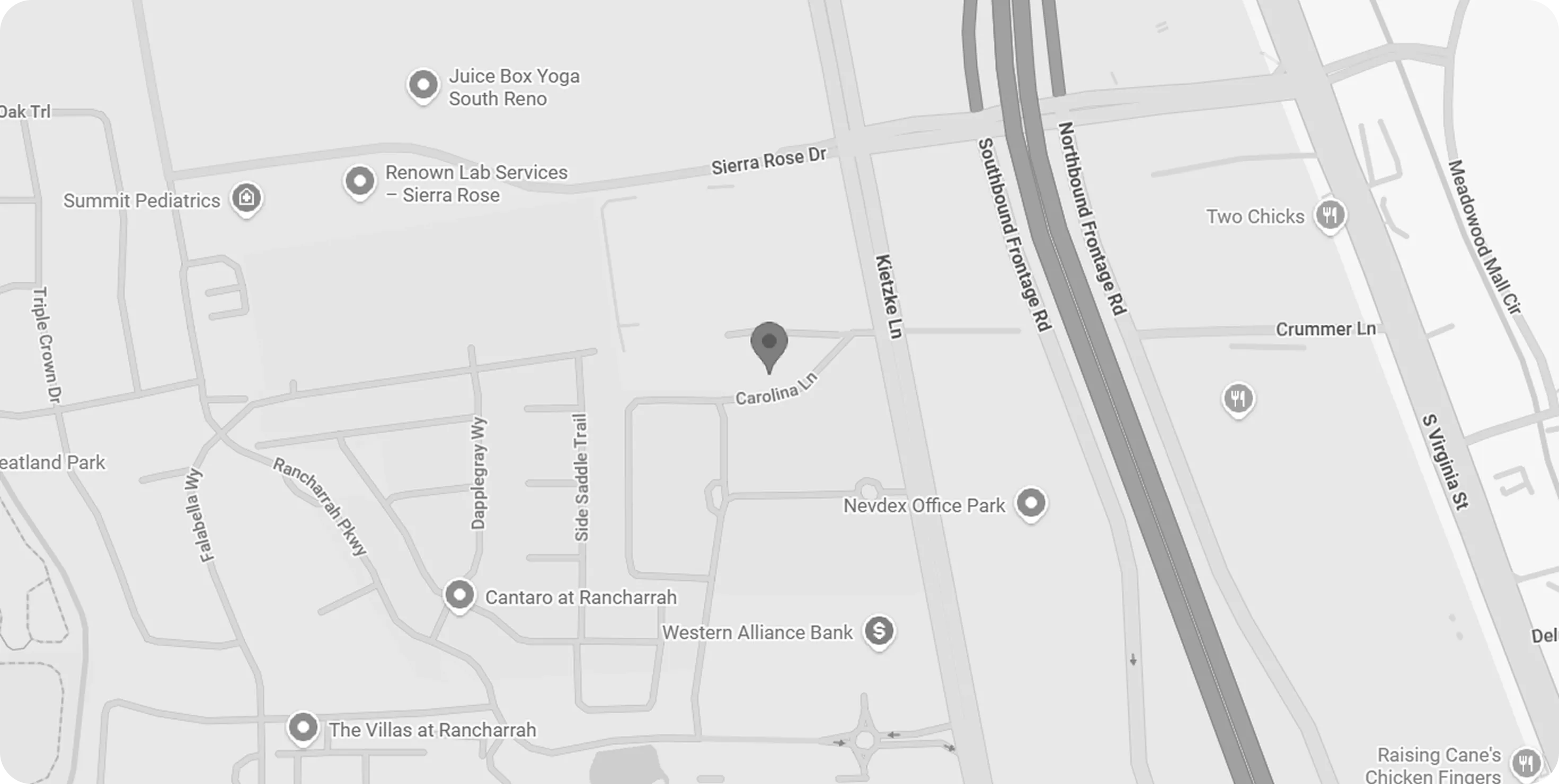 Map showing the Peak Body & Mind clinic location at 530 Hammill Ln in south Reno, Nevada
