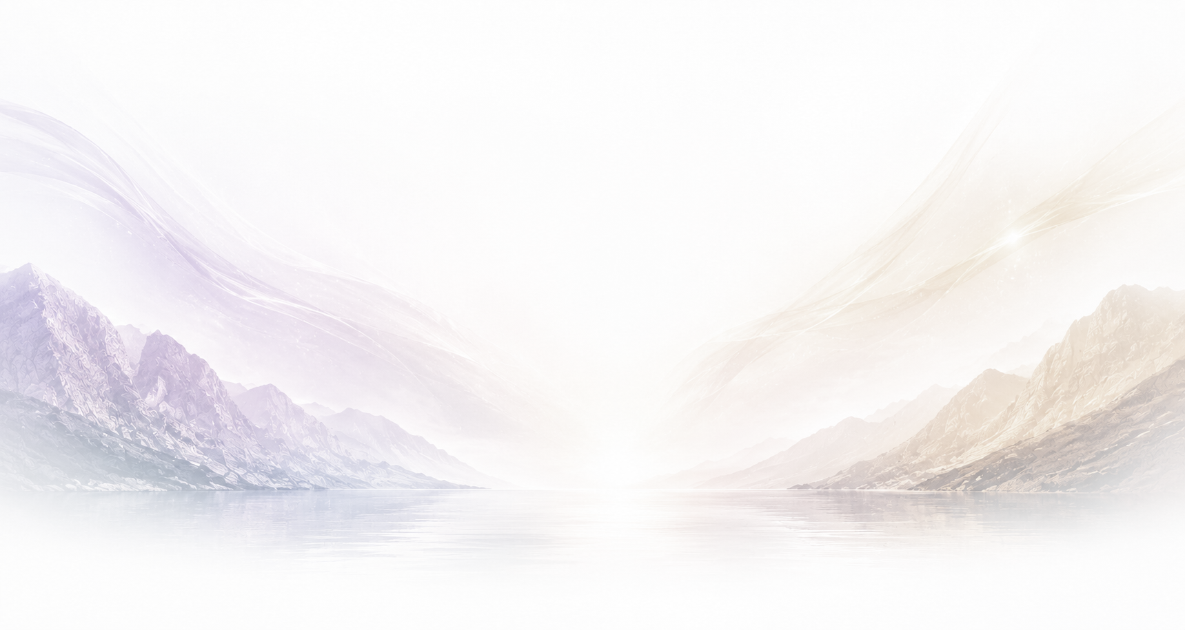 Serene mountain landscape surrounding a calm lake, with soft lavender and warm tones fading into a bright white center.