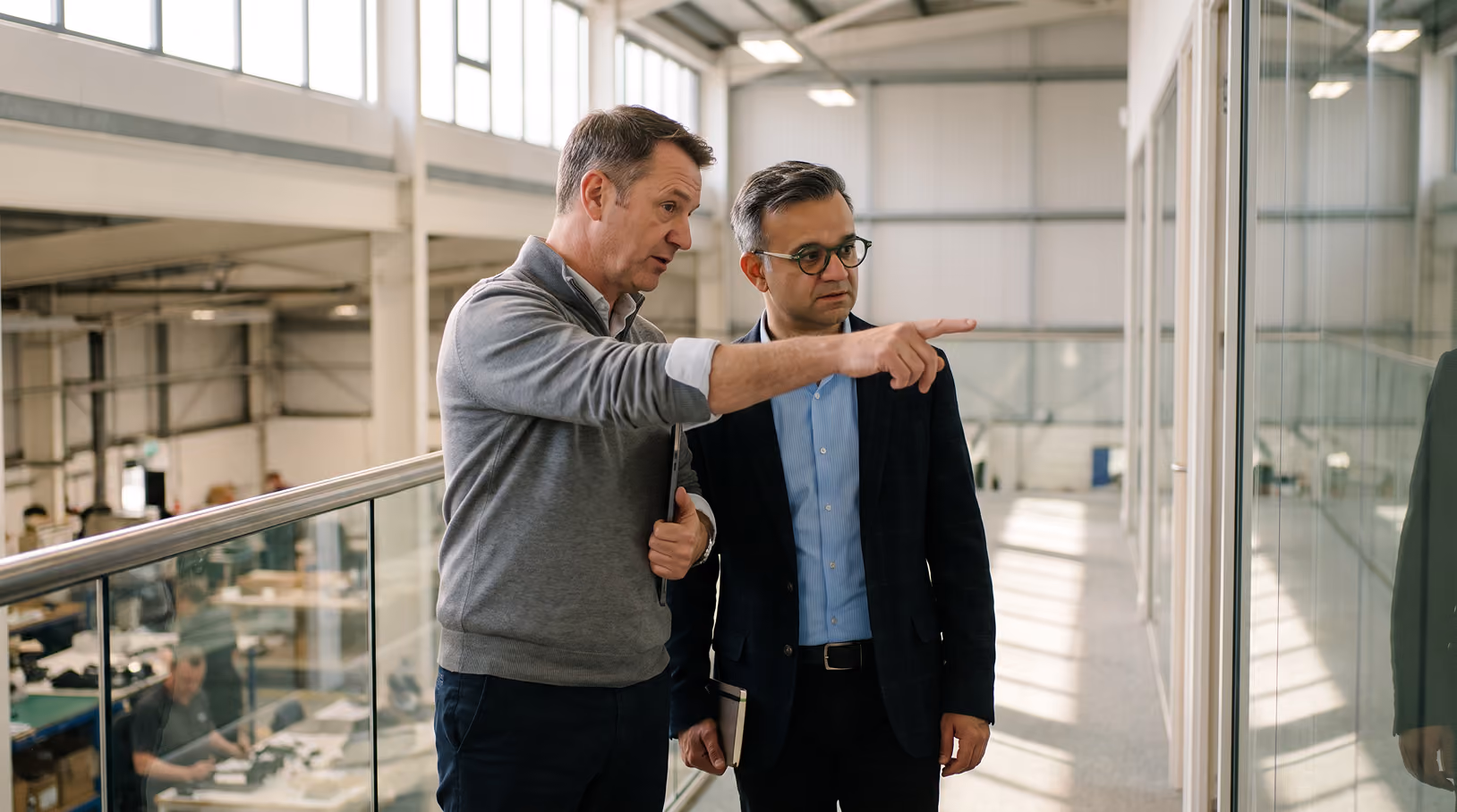 Two people on a factory mezzanine, one pointing out part of the operation below