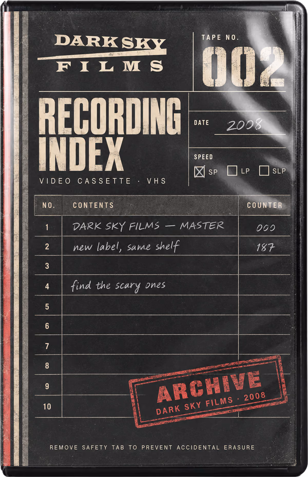 Dark Sky Films VHS tape labeled Recording Index, Tape No. 002, dated 2008 and stamped Archive