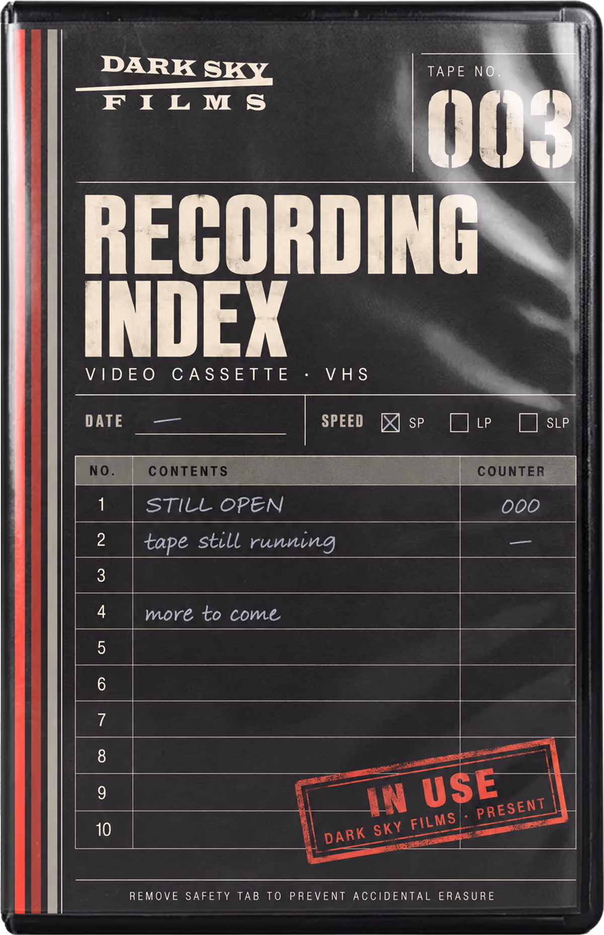 Dark Sky Films VHS tape labeled Recording Index, Tape No. 003, stamped In Use