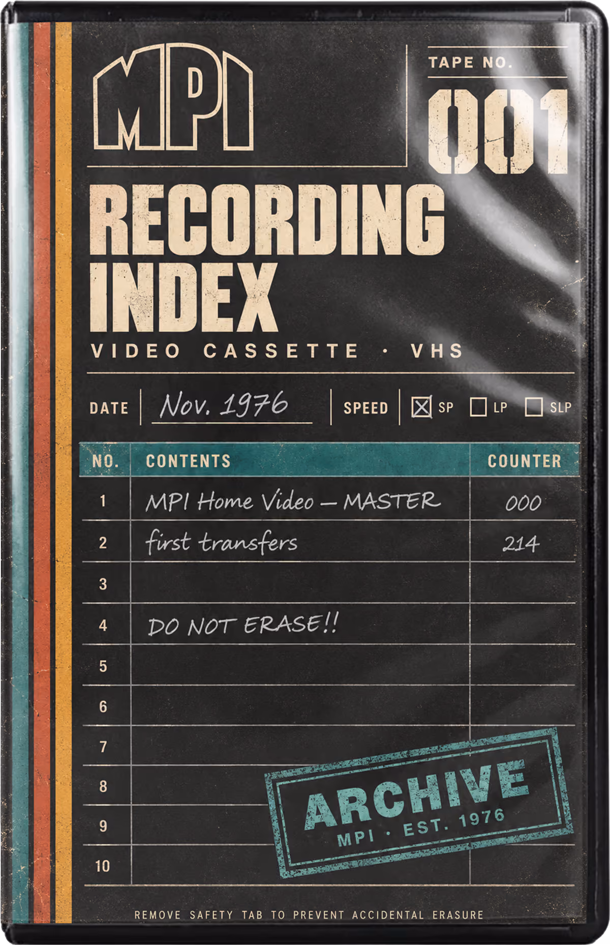 MPI VHS tape labeled Recording Index, Tape No. 001, dated November 1976 and stamped Archive