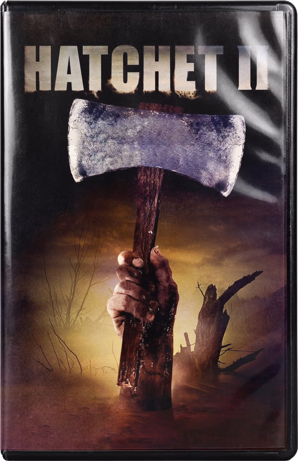Hatchet II VHS cover with a bloodied hand gripping a hatchet