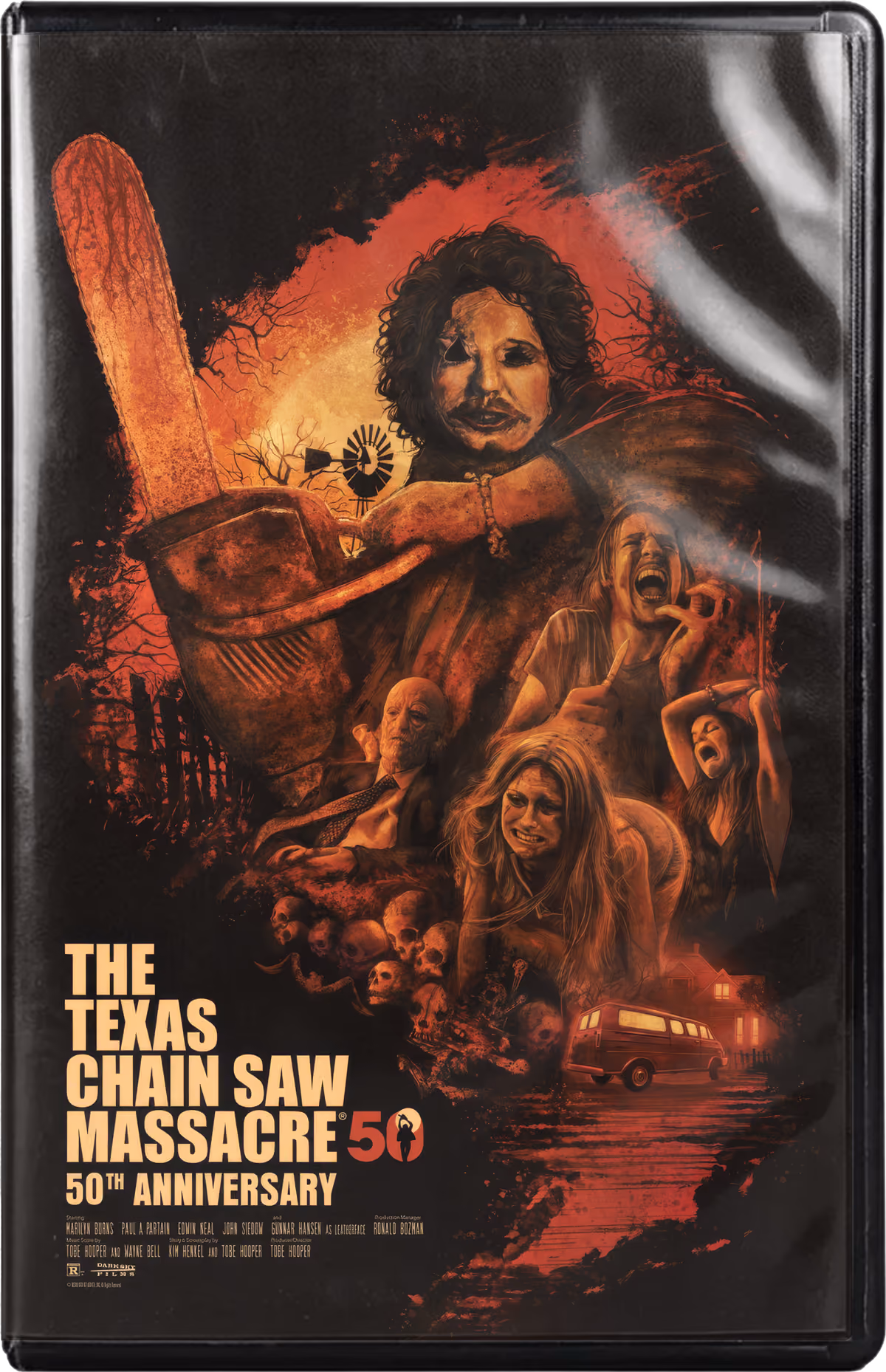 The Texas Chain Saw Massacre 50th Anniversary VHS cover with Leatherface raising a chainsaw
