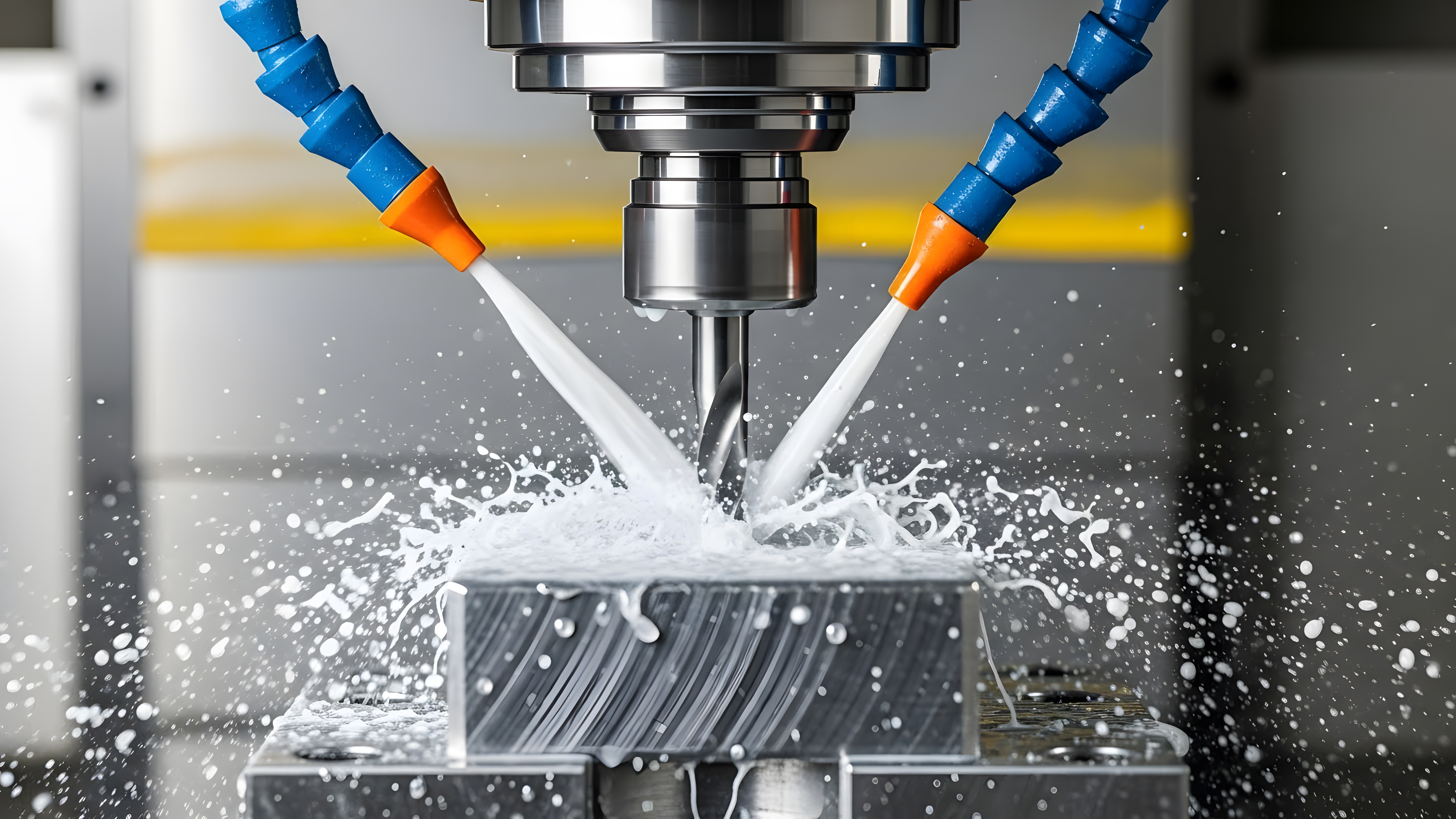 High-pressure coolant nozzles during 5-axis CNC milling — lights-out production hardware