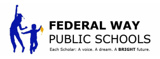 Federal Way Public Schools logo with silhouette of adult and child holding a book and a raised hand.
