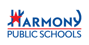 Harmony Public Schools logo with a red star and blue text.