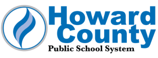 Howard County Public School System logo with blue stylized flame inside a circular icon.