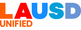 LAUSD logo with letters in red, orange, light blue, and dark blue, and the word UNIFIED below in orange.
