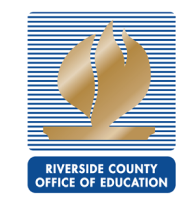 Riverside County Office of Education logo with a stylized flame and horizontal blue stripes.