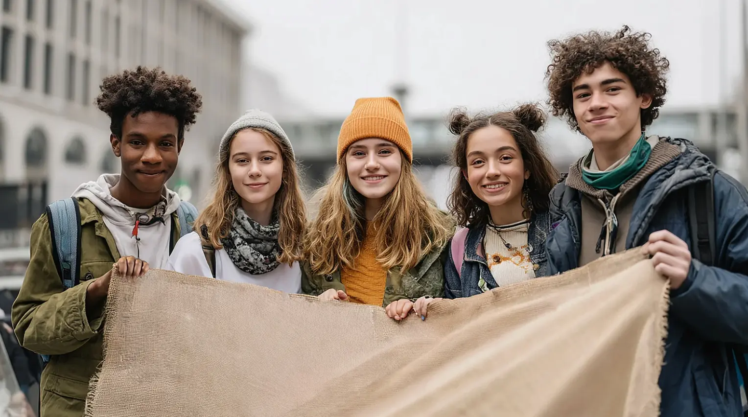 Five diverse smiling teenagers holding a blank burlap banner on a city street.