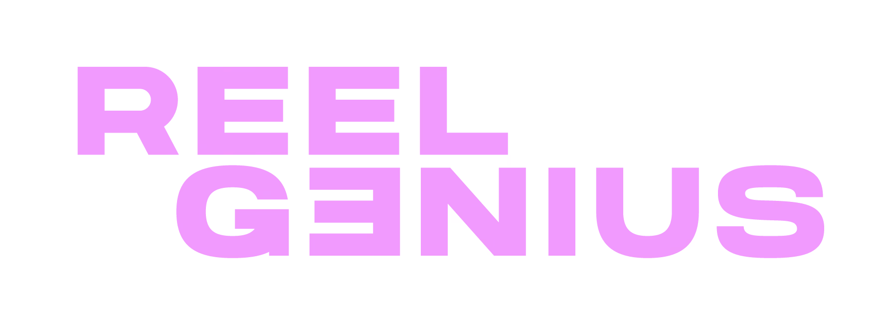 Large pink text reading REEL GENIUS with the E in GENIUS mirrored horizontally.