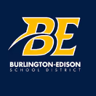 Burlington-Edison School District logo with stylized yellow BE letters on a dark blue background.