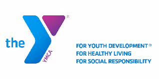 YMCA logo with text promoting youth development, healthy living, and social responsibility.