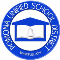 Blue circular logo of Pomona Unified School District with a book and a bell in the center.