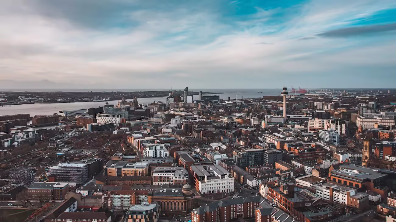 High angle shot of Liverpool skyline.