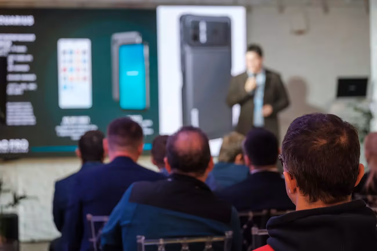 A speaker presenting a product launch presentation. 