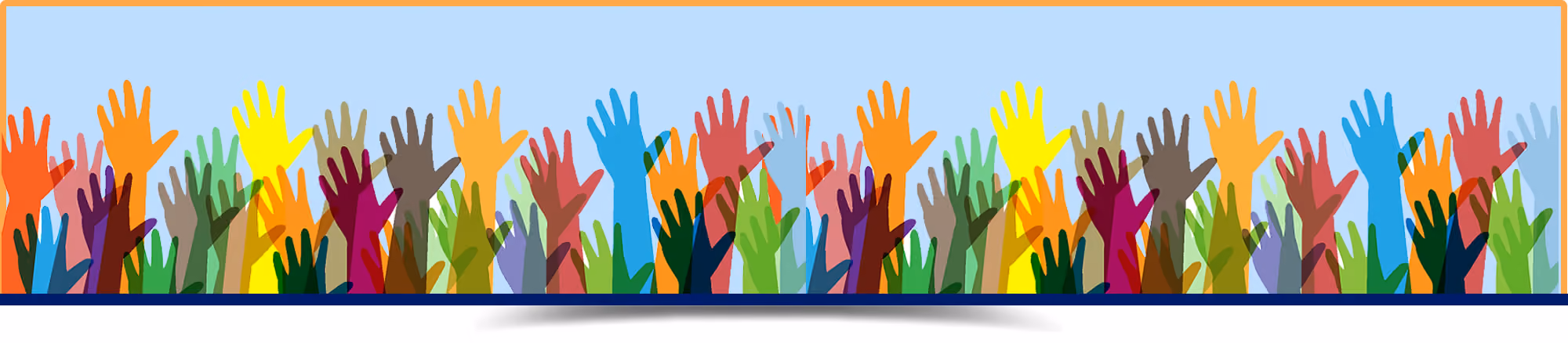 Colorful diverse hands raised together representing community participation