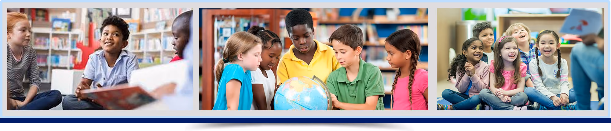 Diverse elementary students reading, exploring a globe, and laughing together