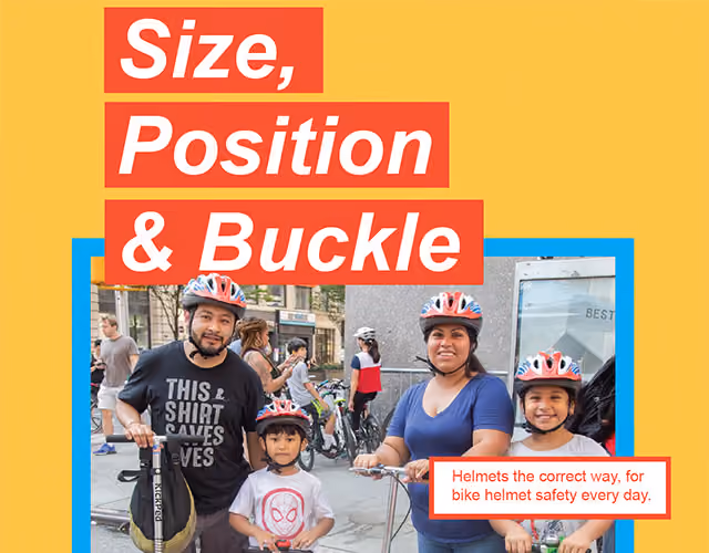 Family wearing properly fitted bike helmets outdoors together