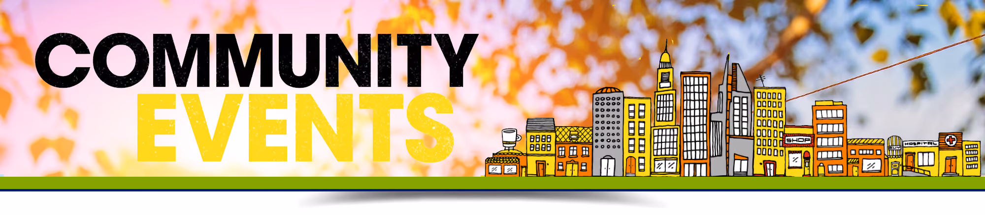 Community Events section banner with illustrated cityscape