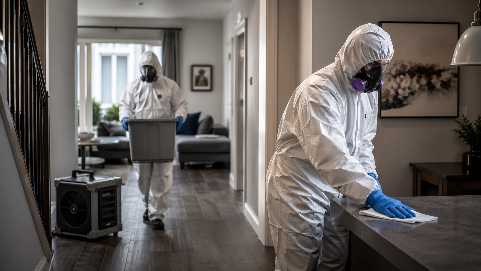Technician cleaning a surface during a trauma scene remediation.
