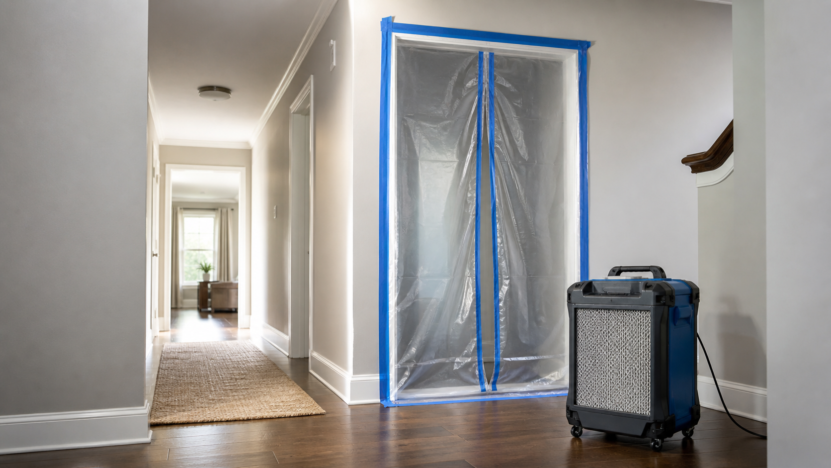 Sealed containment doorway and air scrubber during an unattended death cleanup.