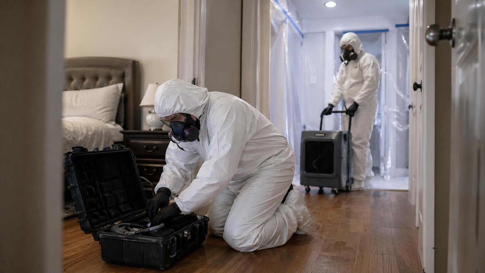 Professional biohazard equipment staged during a blood cleanup.