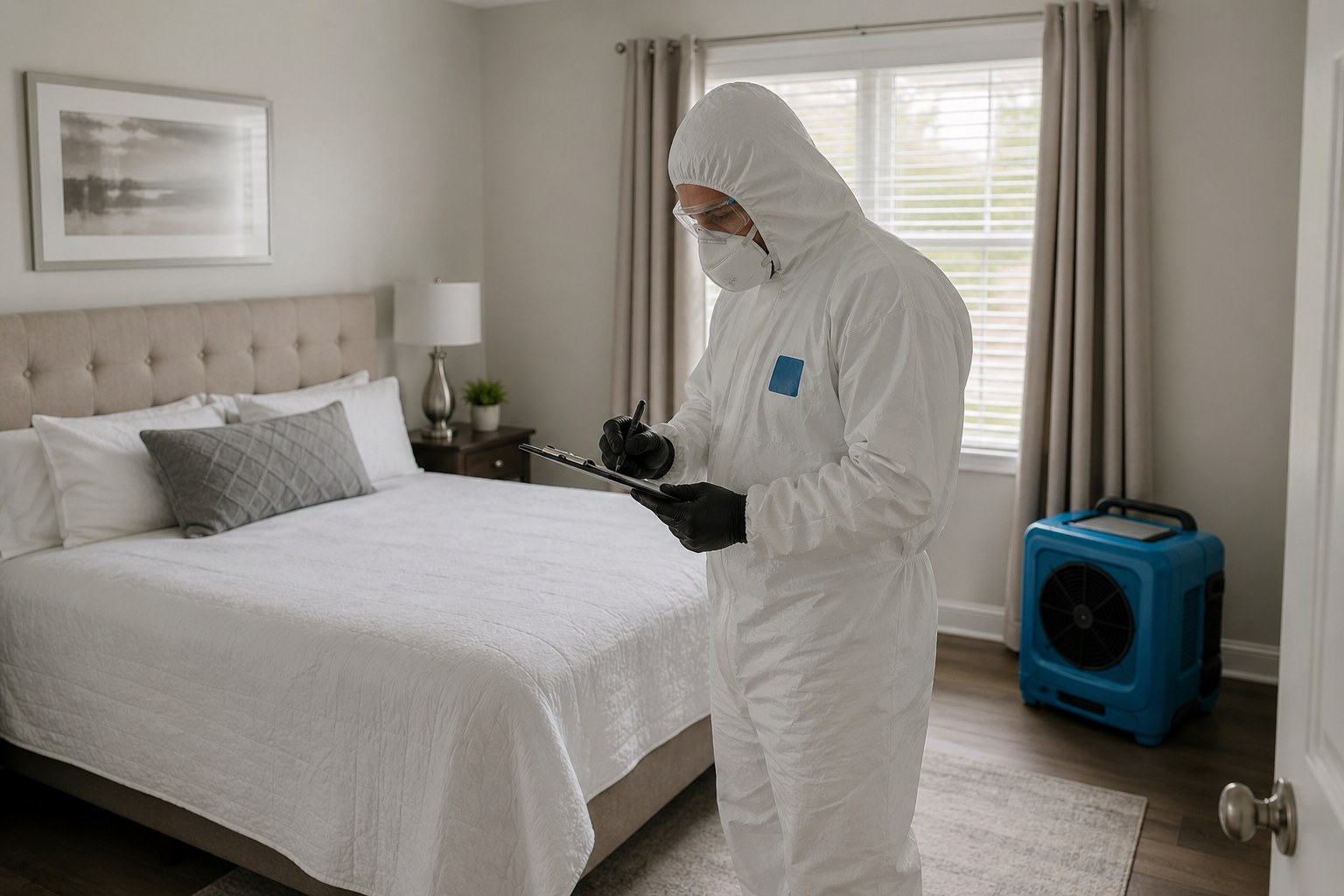 Technician treating a bedroom during a suicide cleanup.