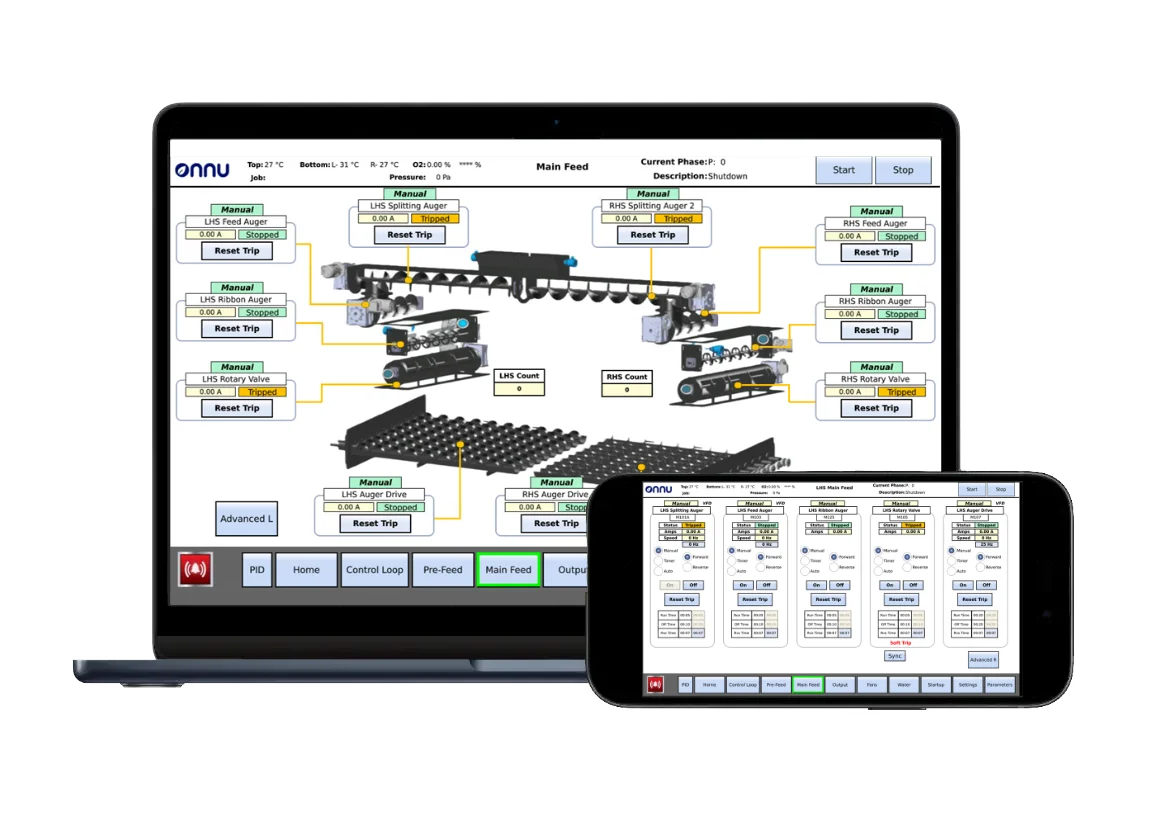 A laptop and phone screen showing the remote access to the pyrolysis machine HMI.