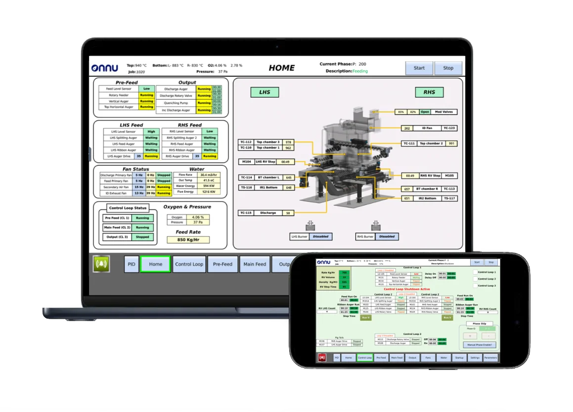 A laptop and phone screen showing the remote access to the pyrolysis machine HMI.