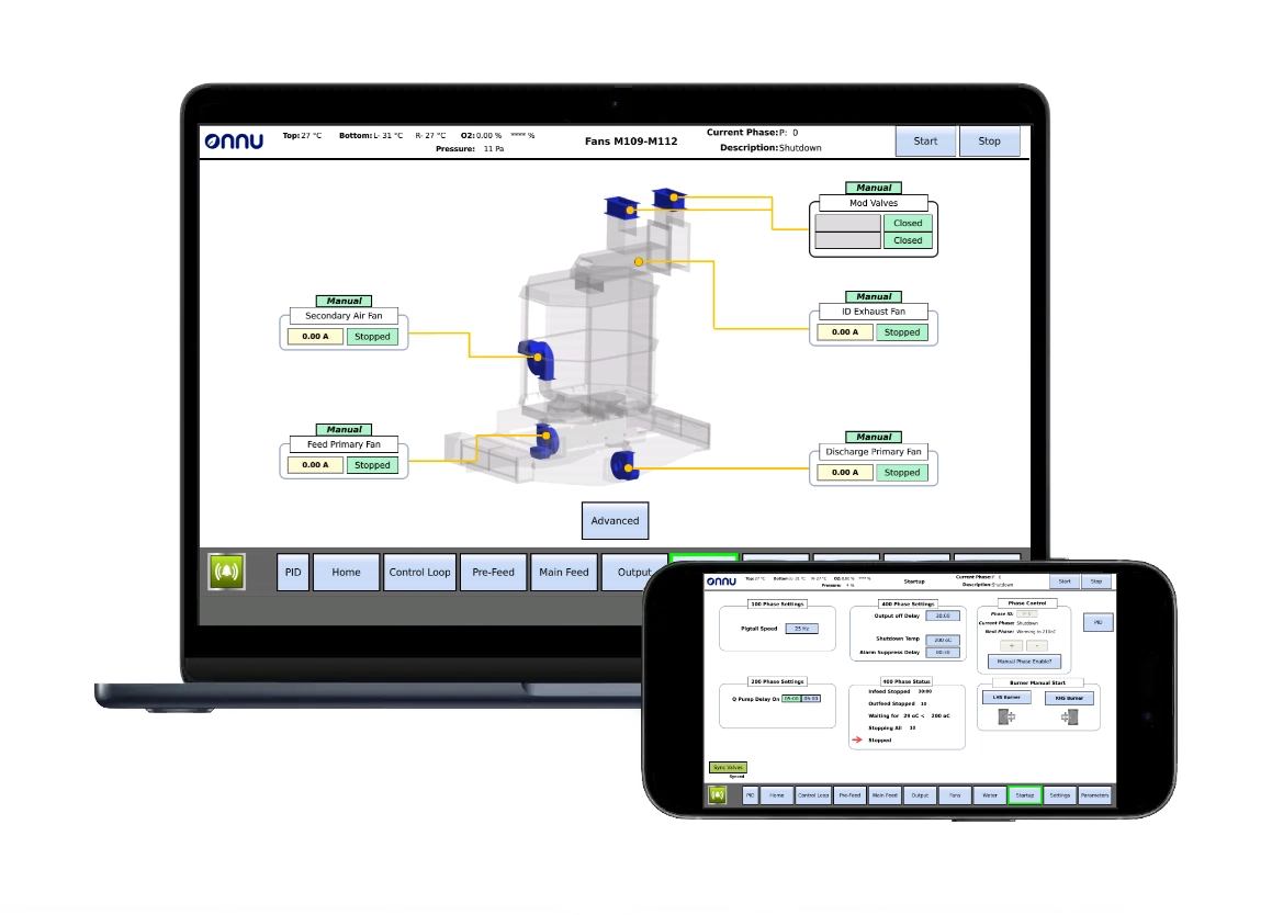 A laptop and phone screen showing the remote access to the pyrolysis machine HMI.